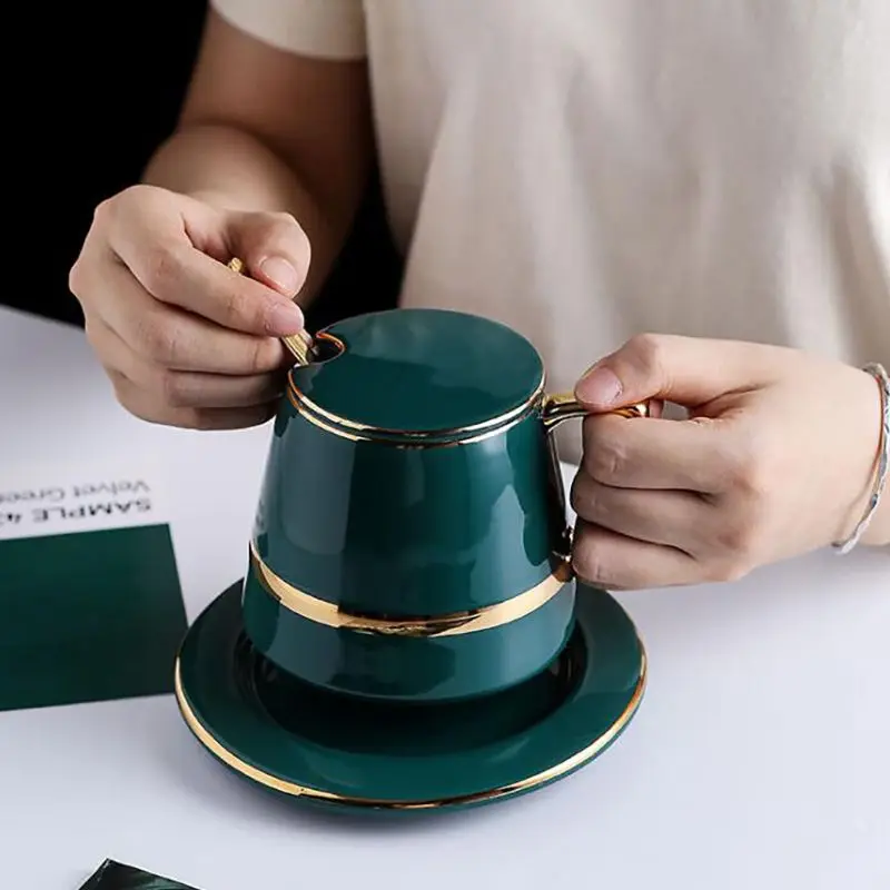 Gold Trim Green Porcelain Coffee Cups with Saucer, Lid, Mixing Spoon, for Drinks, Latte, Cafe Mocha Cappuccino and Tea - 450ml