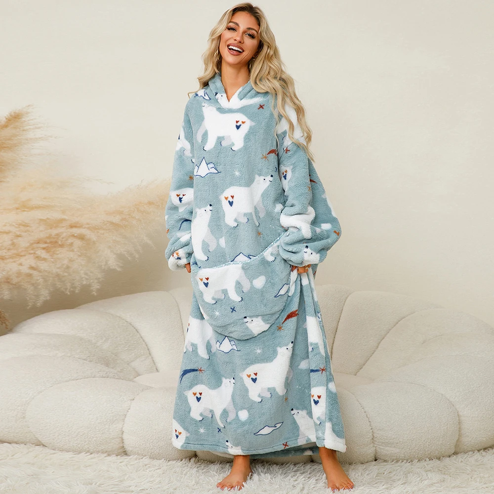 Winter Hoodies Sweatshirt Women Men Pullover Fleece Giant TV Oversized Blanket with Long Flannel Sleeves Super Long Loungewear