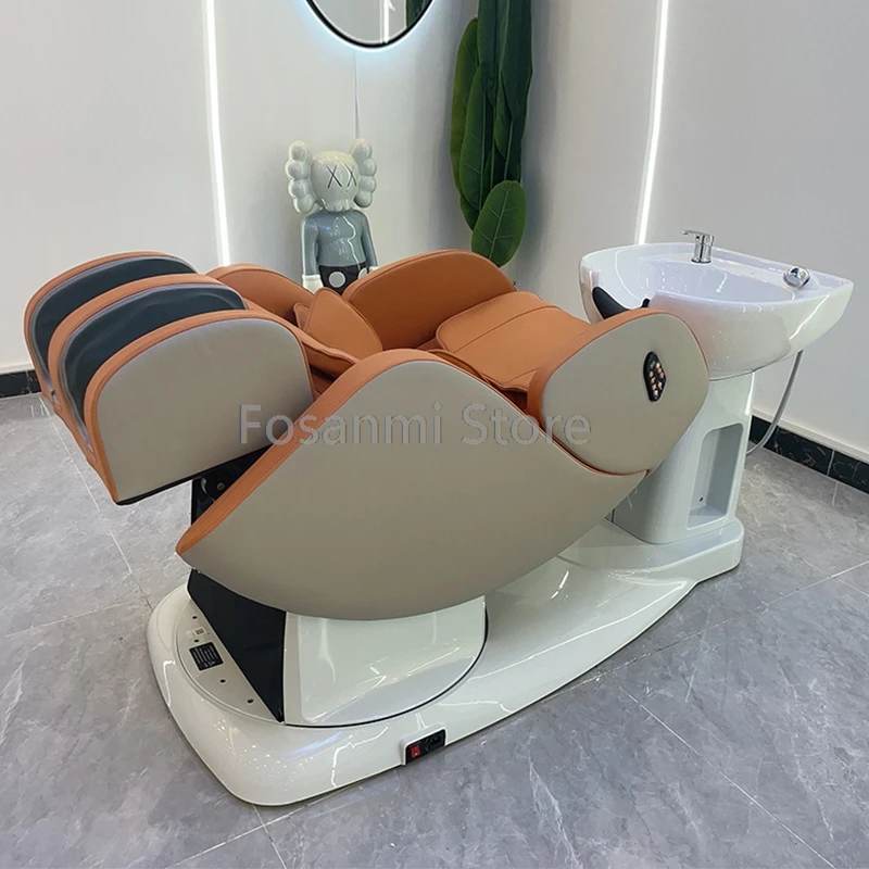 Luxury Automatic Electric  Massage Shampoo Bed Washing Flushing Back Massage Chair Bed With Ceramic Basin Hair  For Hair Salon