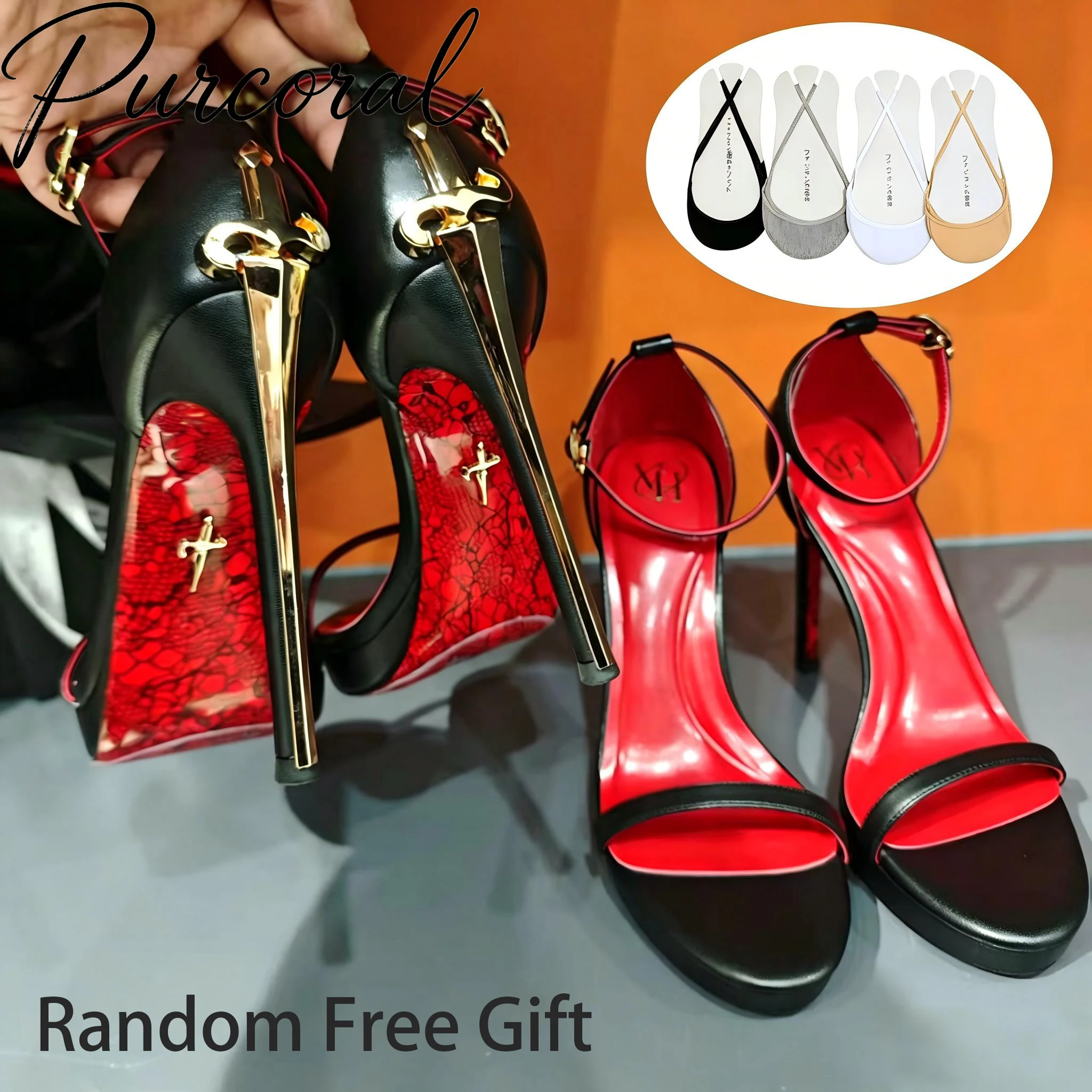 Purcoral 2026 Neue Damenpumps und High Heels in Hochhackiger Sandalia mit Roter Sohle und Goldenem Logo Sandalias De Mujer