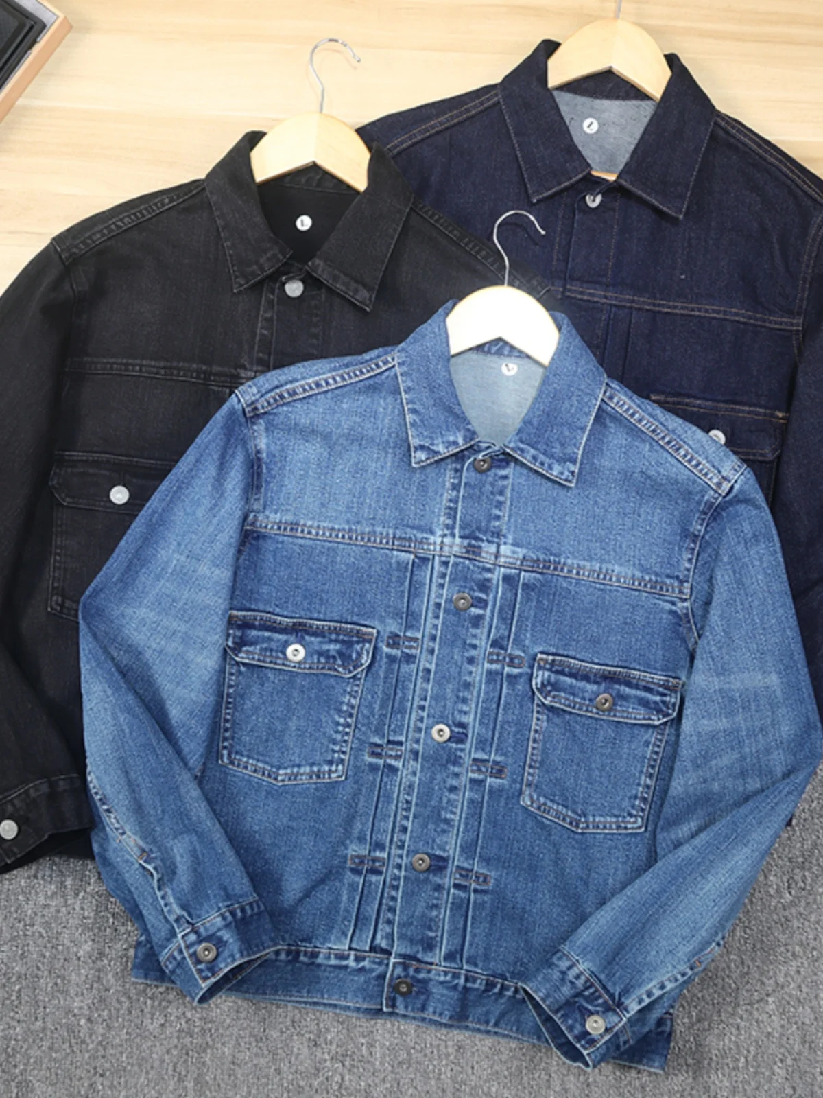 

Casual Men's Denim Jaet Autumn Versatile Faionable Workwear Coat Couple Match Stand Fit Long Sve Flip Collar Jaet