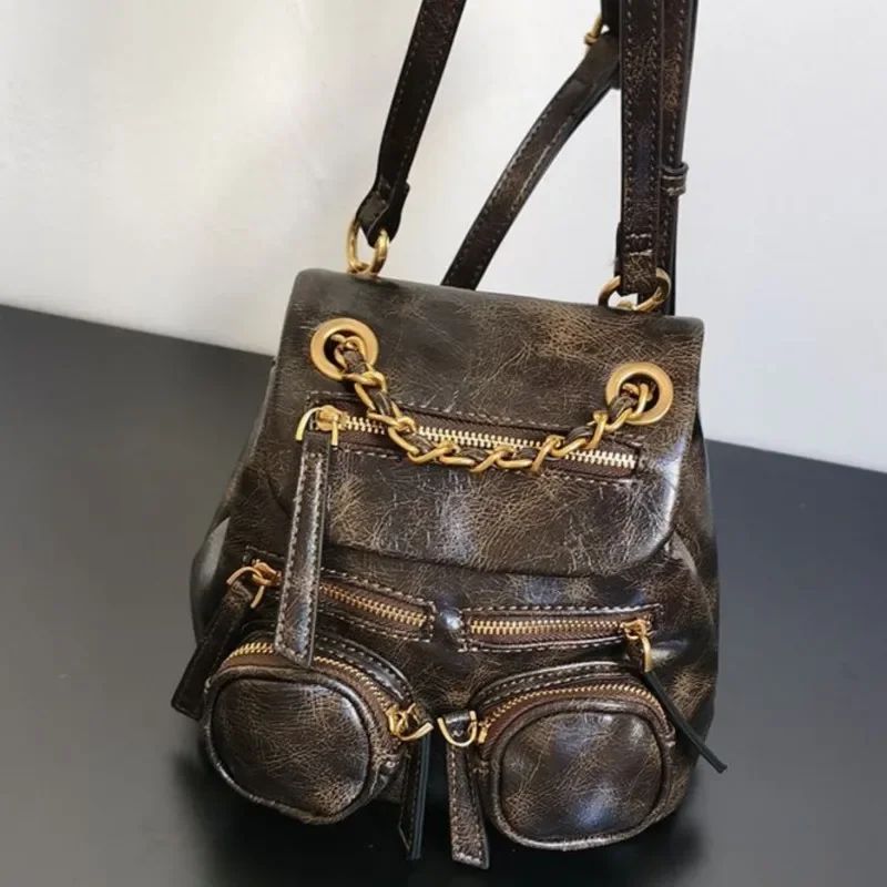 حقيبة ظهر ريترو بسلسلة متعددة الجيوب حقيبة ظهر صغيرة من الجلد حقيبة ظهر صغيرة عصرية راقية متعددة الاستخدامات فاخرة Mochilas Mujer Chic 2025 #1