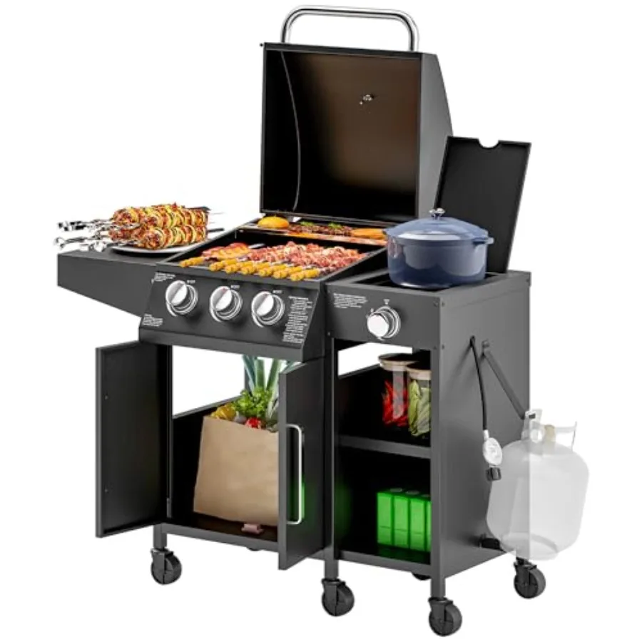 

Outdoor propane BBQ grill with 3 burners, stainless steel body, black finish, 9.5 KW output, 310 sq. in. cooking area, side bur