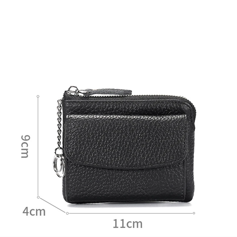 Genuine Leather Short Wallet with Mini Key Chain Credit Card Holder Coin Purse Zipper Buckle Female Bag Coin Organizer Clutch
