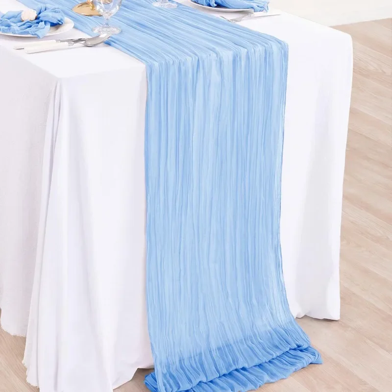 Solid Color Table Runner Light Blue Wrinkle Table Cloth Rustic Gauze Cheese Cloth Birthday Festival Party Decorative Table Flag