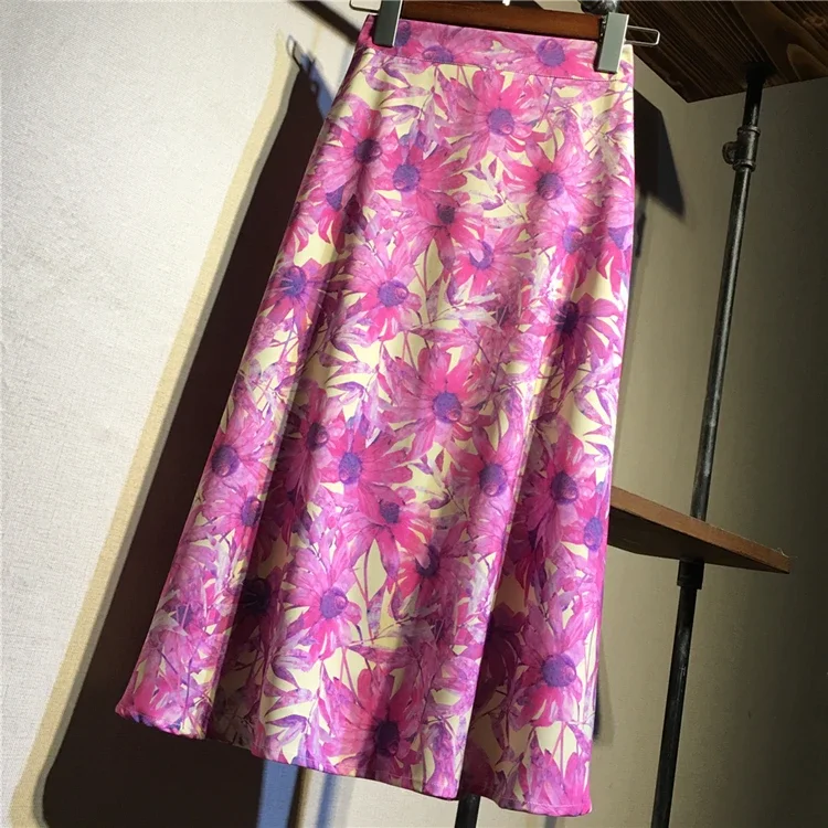 Spring Summer Sunflowers Pink A-line Long Flared Skirts for Women