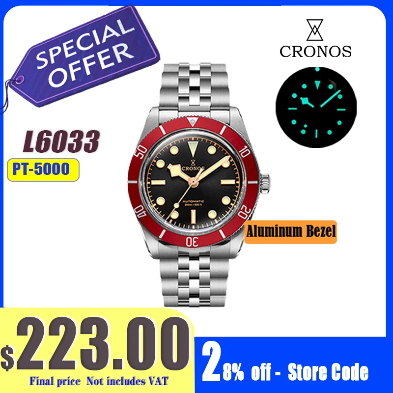Cronos relojes de lujo para hombre 37mm Diver BB54 Vintage automático mate/bisel de aluminio eslabones finales femeninos zafiro 20 Bar L6033 M