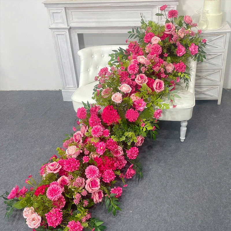 Hot Pink Rose Green Plants Leaf Flower Row Wedding Backdrop Decor Floor Flower Runner Event Table Floral Strip Arrangement Props