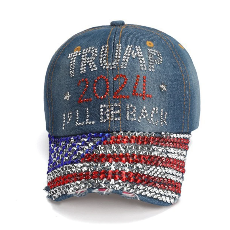 Patriotic Election Day Trump Girl USA American Flag MAGA Hat TRUMP 2024 I\'LL BE BACK Denim Rhinestone Bling Sparkle Baseball Cap