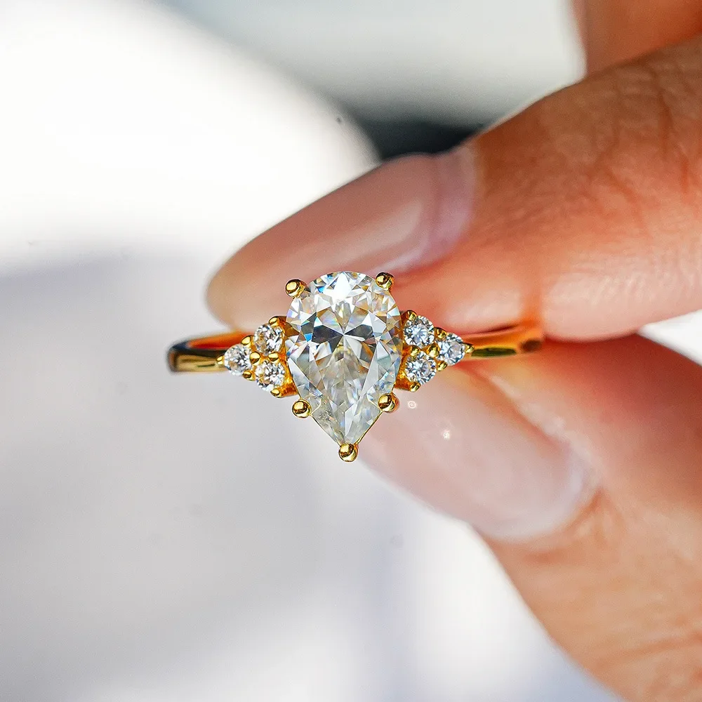 Bagues de luxe en Moissanite goutte d'eau blanche de 1,5 ct pour femmes, bague de mariage plaquée or, bijoux et cadeau de saint-valentin