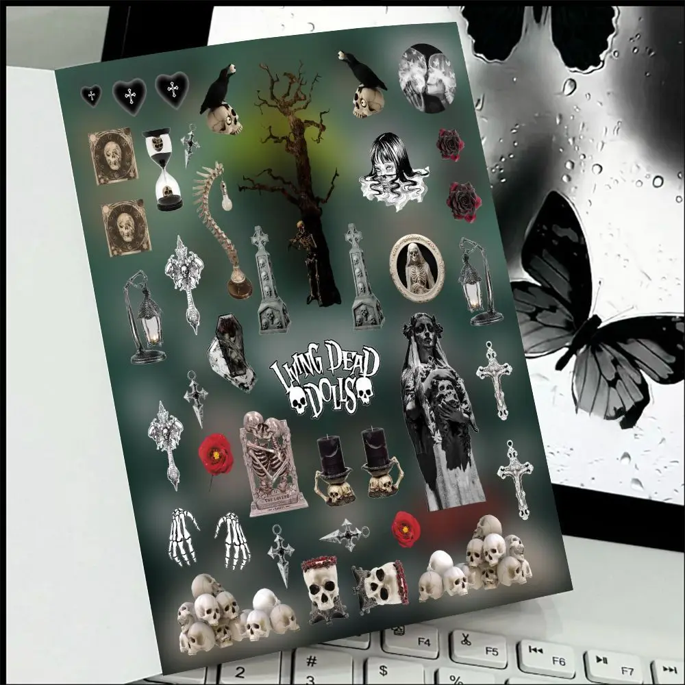 6 hojas de pegatinas troqueladas estilo gótico oscuro Y2K, ambiente retro, materiales para diario DIY, papelería para diario creativo