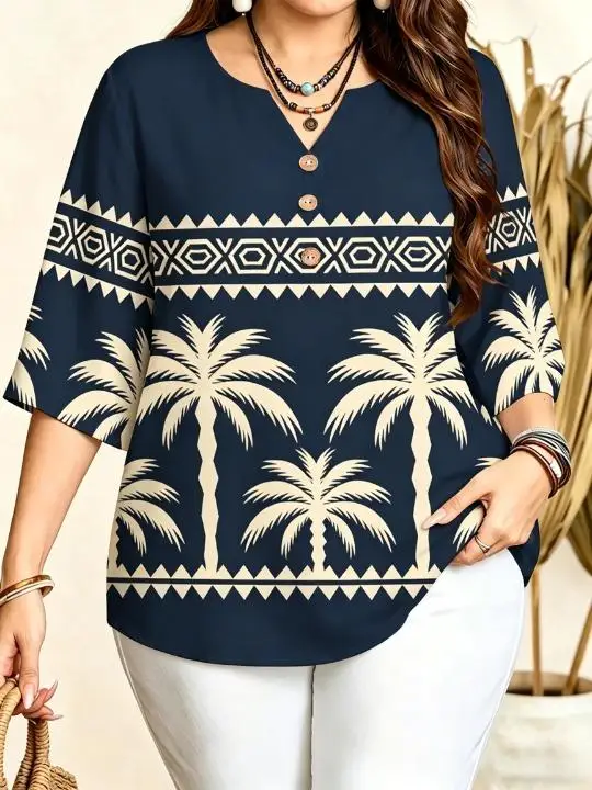 Plus Size Tropical Tribal Print Blouse Notch V Neck 3/4 Sleeve Wooden  Look Buttons Loose Summer Vacation Casual Top