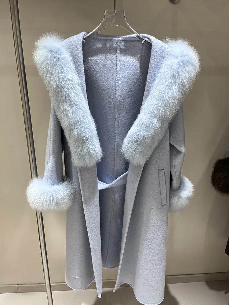 冬用レディース天然リアルフォックスファーカラーカフス付きジャケット 厚手暖かいアウターウェア ロングフード付きウールコート ルーズベルト付きストリートウェアジャケット