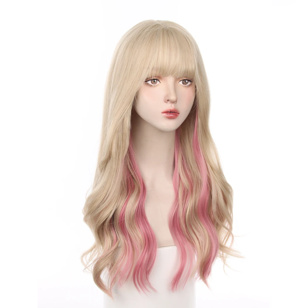 Wig Lolita Sintetis Tahan Panas Pirang Ombre Merah Muda Bergelombang Panjang dengan Poni untuk Wanita, Pesta Cosplay, Penggunaan Sehari-hari
