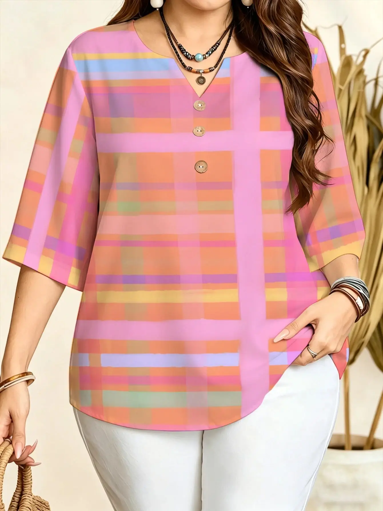 Geometric Plaid Leopard Chevron Print Women Blouse Notch Split V Neck 3/4 Sleeve Daily Office Vacation Casual Tops