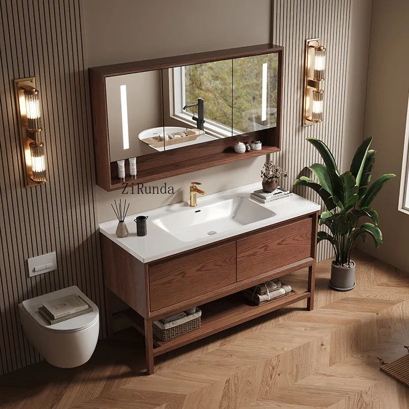 Red oak bathroom cabinet combination, floor-to-ceiling bathroom integrated ceramic basin bathroom cabinet