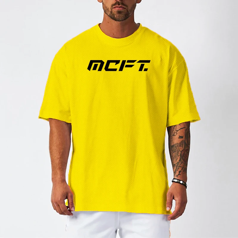 Oversized Loose Short Sleeve Mens Mesh Dropped Shoulder Running T-shirt Breathable Quick Dry Cool Feeling Gym Bodybuilding Tees