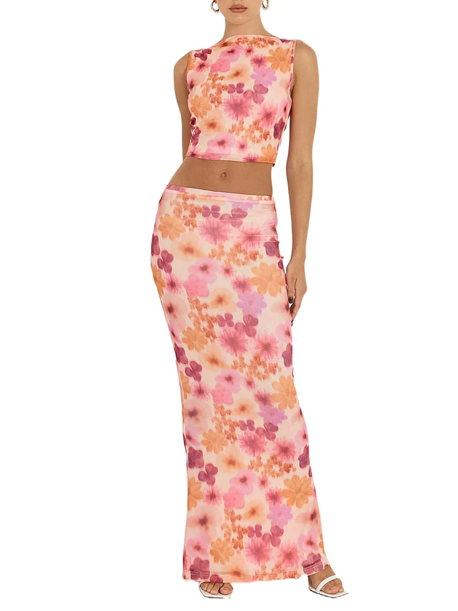 

Women Floral Print 2 Piece Skirt Set Y2k Crop Cami Top Split Maxi Skirt Summer Long Outfits Going Out Streetwear