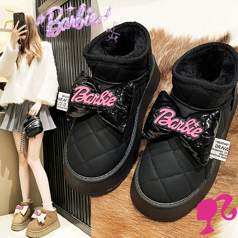 

Barbie Adults Plush Snow Boots Kawaii Bow Soft Winter Warming Stylish Non-Slip Trendy Movie Shoes Cute Girls Gift Lovely Sweet