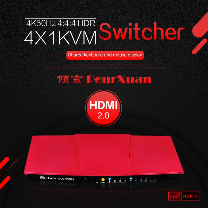 

4K HDMI KVM Switch 4 Port USB KVM HDMI Switcher 4x1 4kX2K/60HZ HDCP 2.2 HDR10 with Desktop controller for PC laptop windows&macs