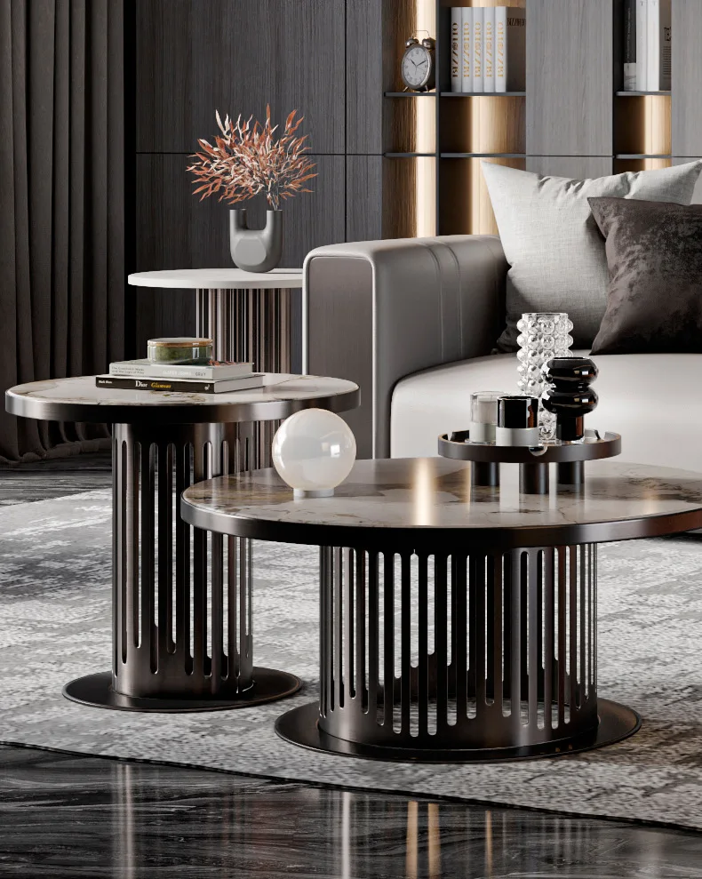 

！@Italian Luxury Modern Ending Tea Table Set Brushed Steel Base with Sintered Stone Top for Living Room Center Coffee Table Set
