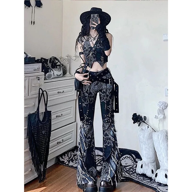 Women's Black Gothic Dragon Trumpet Jeans Y2K Harajuku High Street Streetwear 2000s Aesthetic 90s Retro Pants Jeans Clothing New