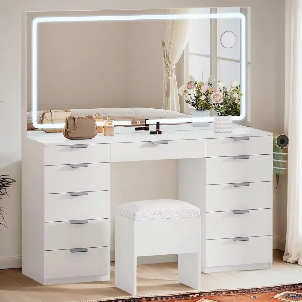 Tavolo da toeletta bianco da 46 LED con 11 cassetti, sedile imbottito, presa di corrente e specchio ingranditore