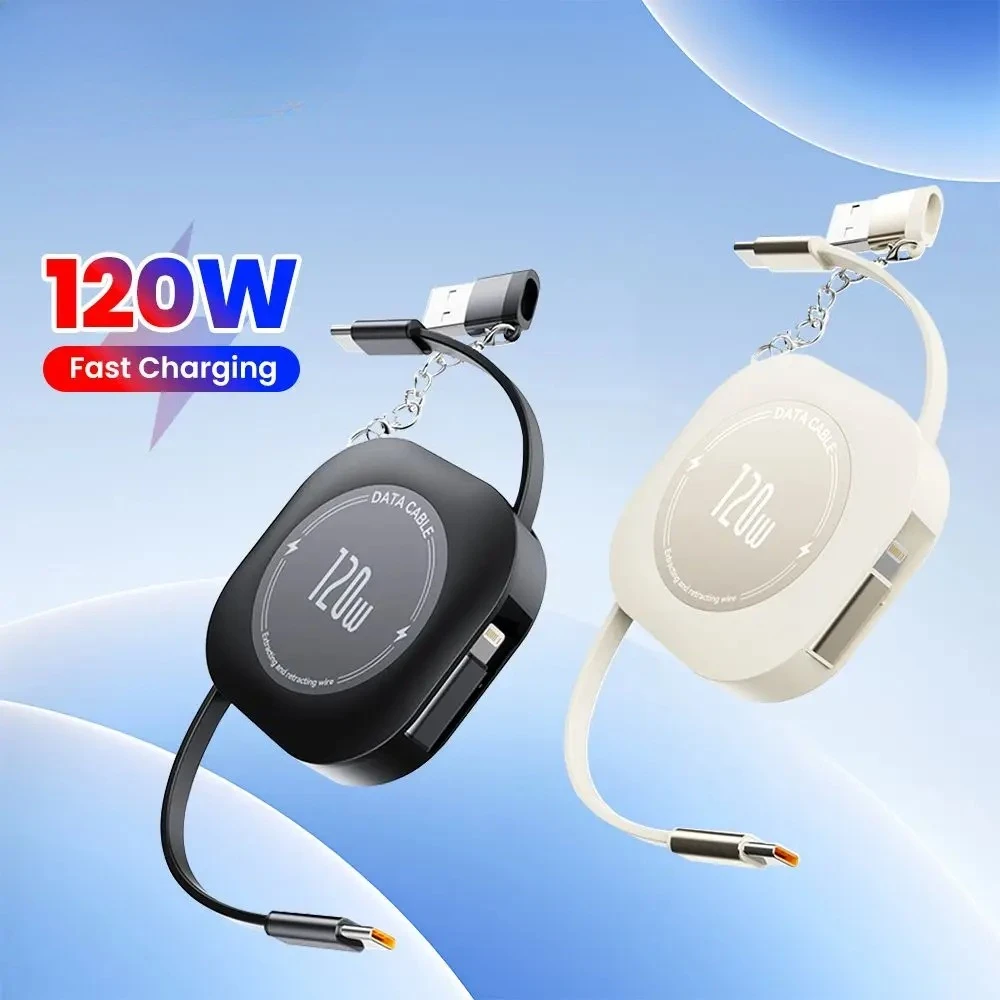 120W Fast Charging Type C to Type C Retractable Cable For iPhone 15 16 USB Cable with Type C To USB A Charger Cord Data Wire