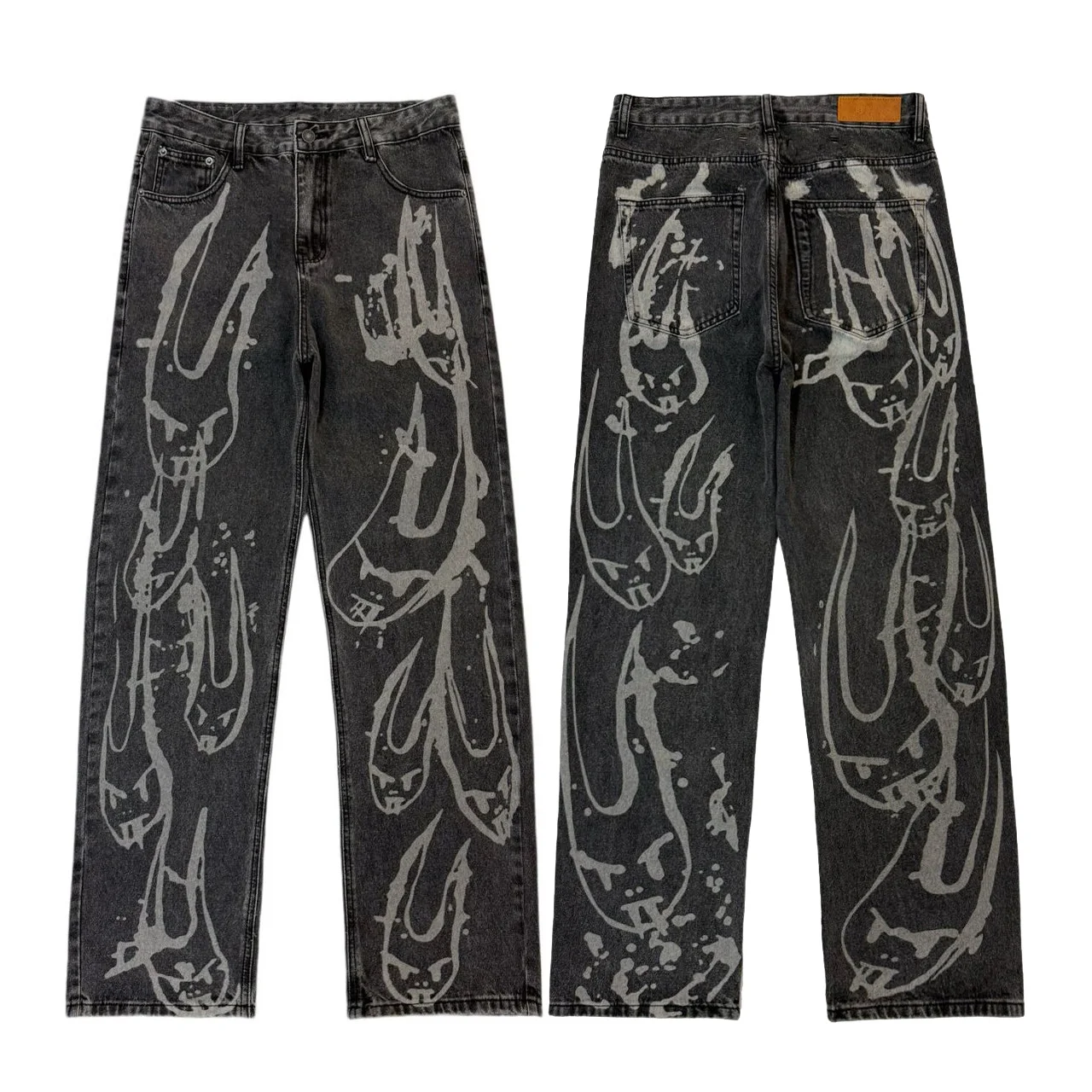 

New Men Streetwear Fashion Hip Hop Vintage Loose Casual Straight Wide Leg Denim Baggy Jeans Pants Jeans Trousers Print Jeans