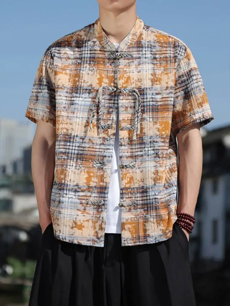 

New Chinese Sle Men's ort Sve irt with Button Loose Fit Summer Vintage Hanfu Tang Costume Large Size Five-Arm irt