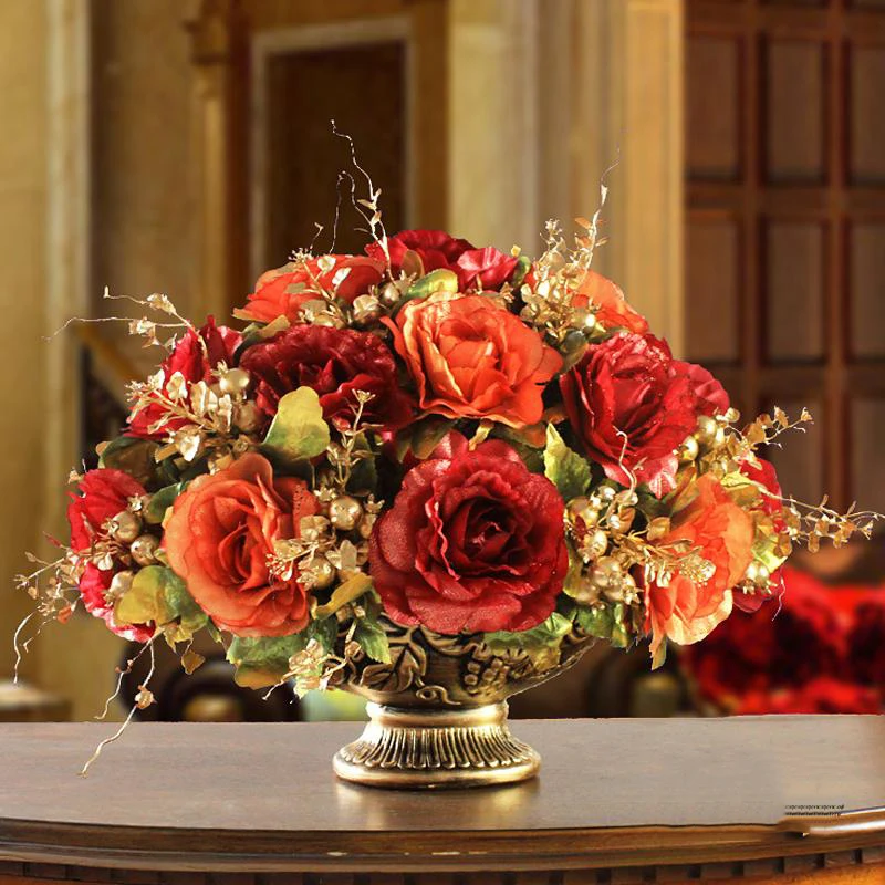 Imagem -06 - Europeu Vaso de Cerâmica Mais Conjunto de Flores Artificiais Ornamentos em Casa Sala de Estar Mesa de Café Figurinhas Falsas de Seda Artesanato Decoração