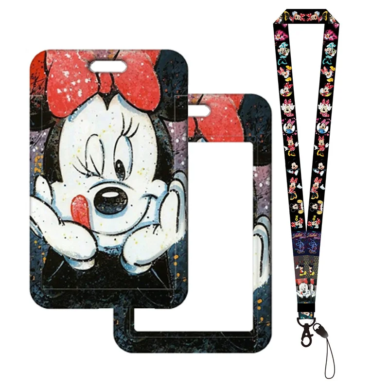 Disney-soporte para tarjeta de identificación de Mickey Mouse, llavero con cordón, funda para tarjeta de foto de niño, correa para el cuello, protectores de tarjetas para niñas, soporte para insignia