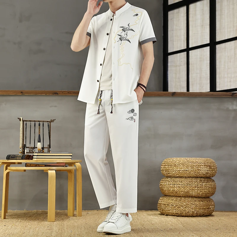 

Men's Casual 2 Piece Set Summer Mandarin Collar Button Down Shirt + Loose Straight Leg Pants Chinese Style Embroidered Outfit