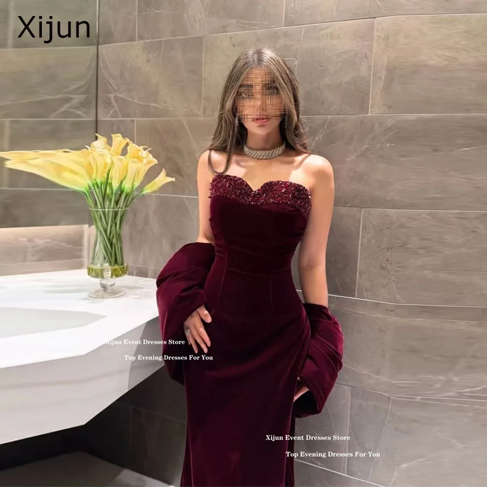 Xijun Burgundy Velvet Mermaid Evening Dresses Sweetheart Detachable Sleeves Formal Prom Dresses Beads Luxury Prom Gown Customize