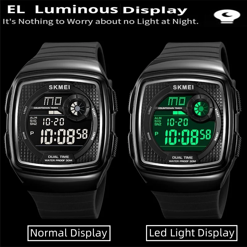 Skmei Male Alarm Clock Fashion TPU Strap Led Waterproof Digital Watches Dual Time Zone Mens Sports Stop Watch 12 24 Hour Format