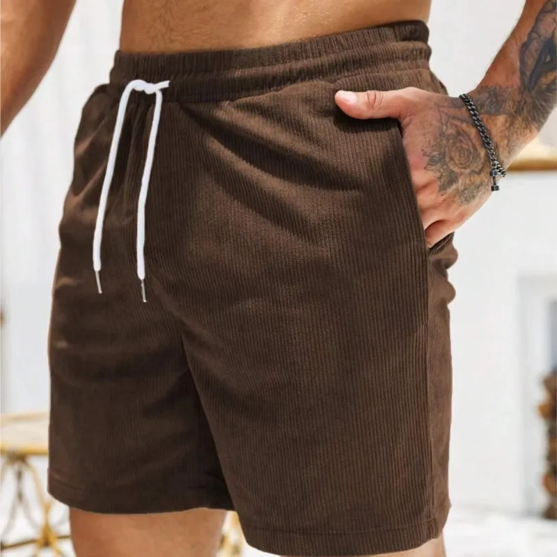 

American style new solid color lace up sports pants, corduroy simple five quarter shorts, men's shorts,Men's beach casual shorts