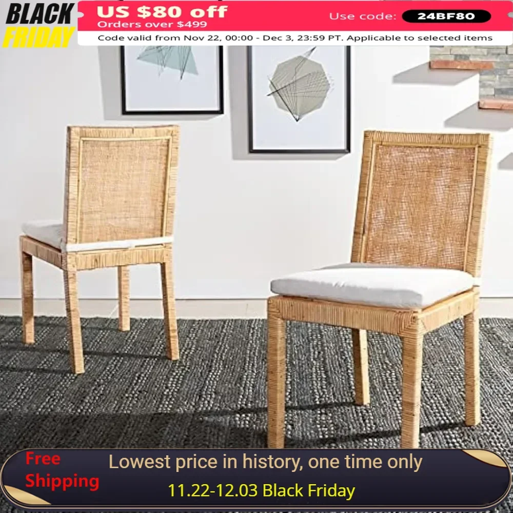 

Dining Chair Set of 2 with Natural Cane Frame, Soft White Cushion, Living Room Accent Chairs, Coastal Cane Cushion Dining Chair