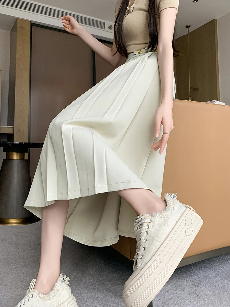 أنيقة البيج الأسود مطوي تنورة امرأة الربيع الصيف عالية الخصر خمر مكتب ارتداء دعوى التنانير الطويلة القوس ضمادة Falda Plisada