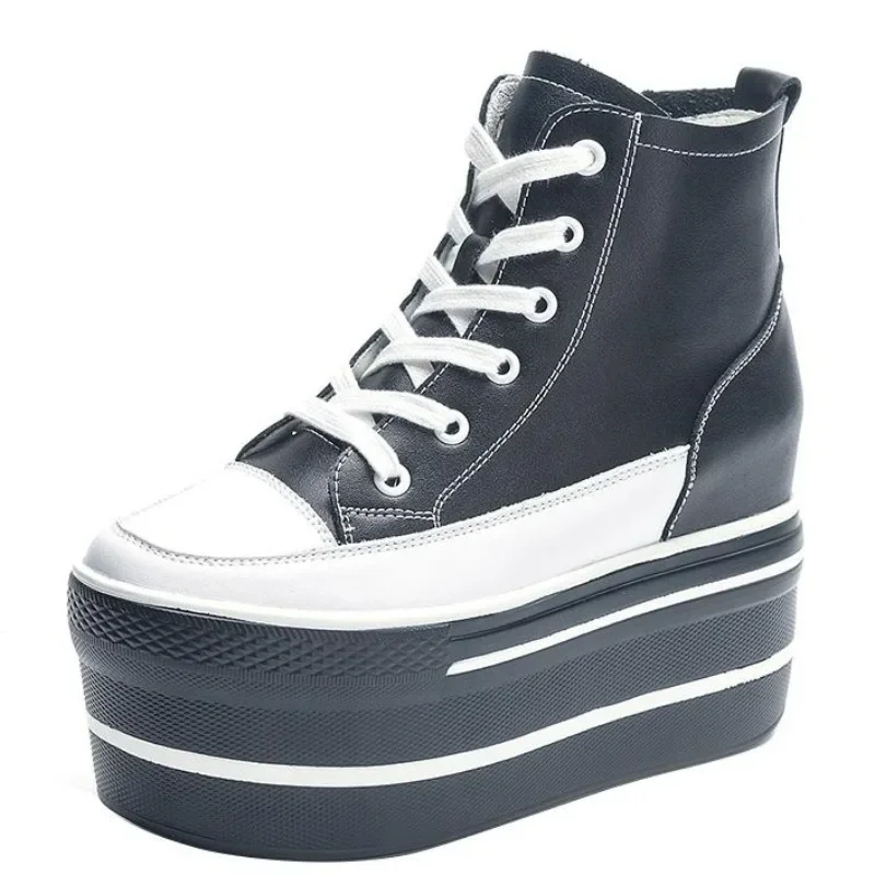 

10.5CM Women's High Top Sneakers Casual Genuine Leather Boots Sneakers For Woman Spring Autumn Shoes High Heels Sneaker Shoes