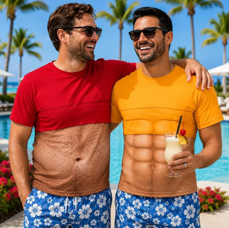New Dad Figure T-shirt Men's Fake Chest Hair Lifting Clothes Printed T-shirt Hawaiian Style T-shirt Tropical Beach T-shirt