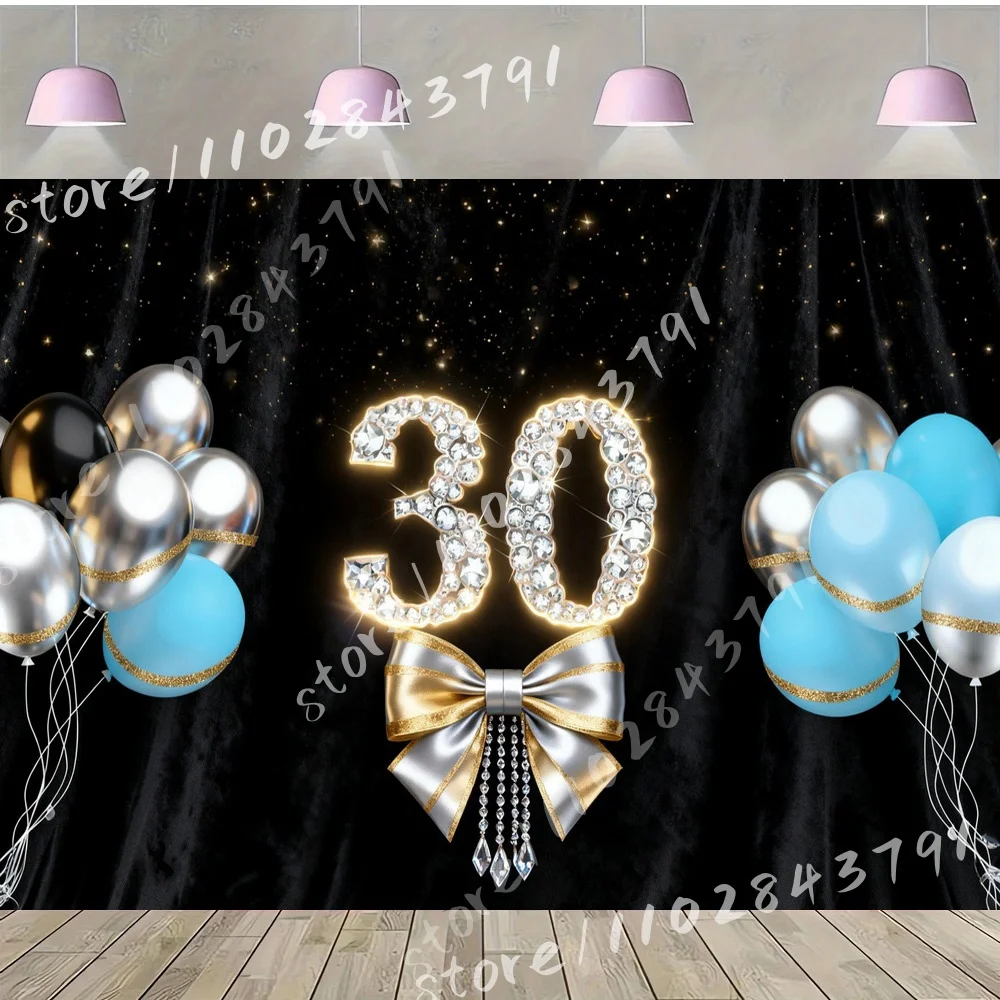 Happy Birthday 30th Birthday Sapphire Decor Vinyl Backdrop Background Navy Blue Gold Cloud Pattern Balloons Crystal Chandelier