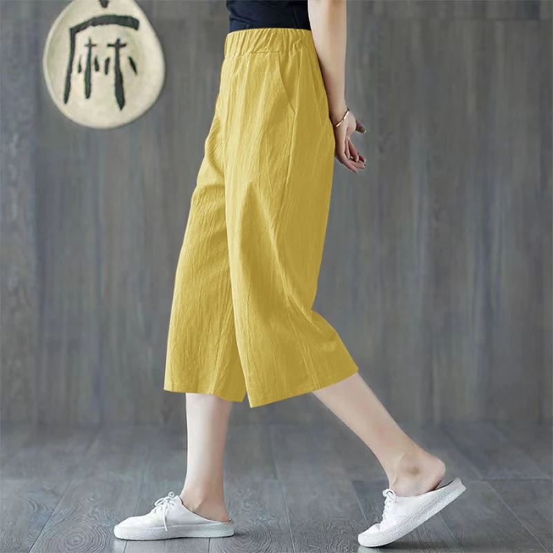 Summer Oversized Literary Vintage Cotton Linen Loose Casual Cropped Pants Women Solid Color Simple All-match Straight Trousers