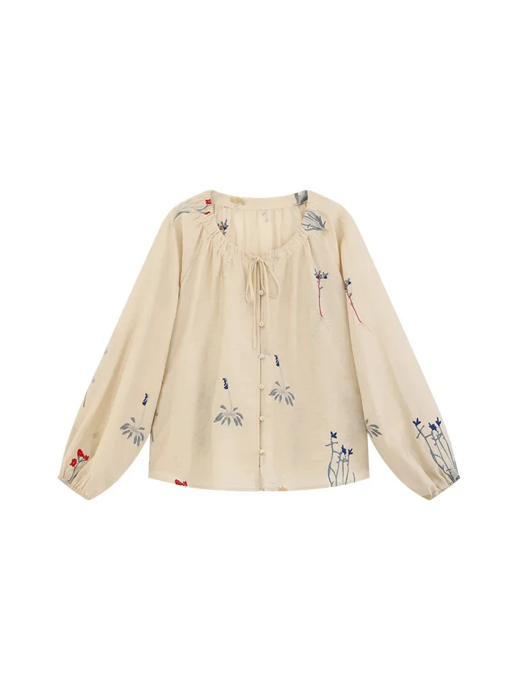 Vintage Chinese Style Embroidered Blouse Women Loose Fit Raglan Sleeve Tie-Neck Shirt Elegant Casual Spring Top for Daily Wear
