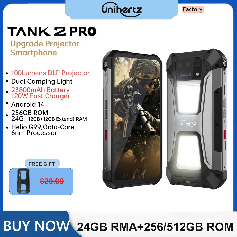 Unihertz-8849 Tank 2 PRO Wytrzymały smartfon z projektorem, 23800 mAh, 24 GB, 512 GB, 100 MP Android 14,120 Hz, wodoodporność IP68