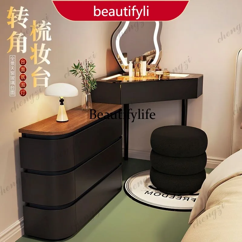 Solid wood triangular dressing table, modern minimalist cream-style corner cabinet, vanity table and chest of drawers
