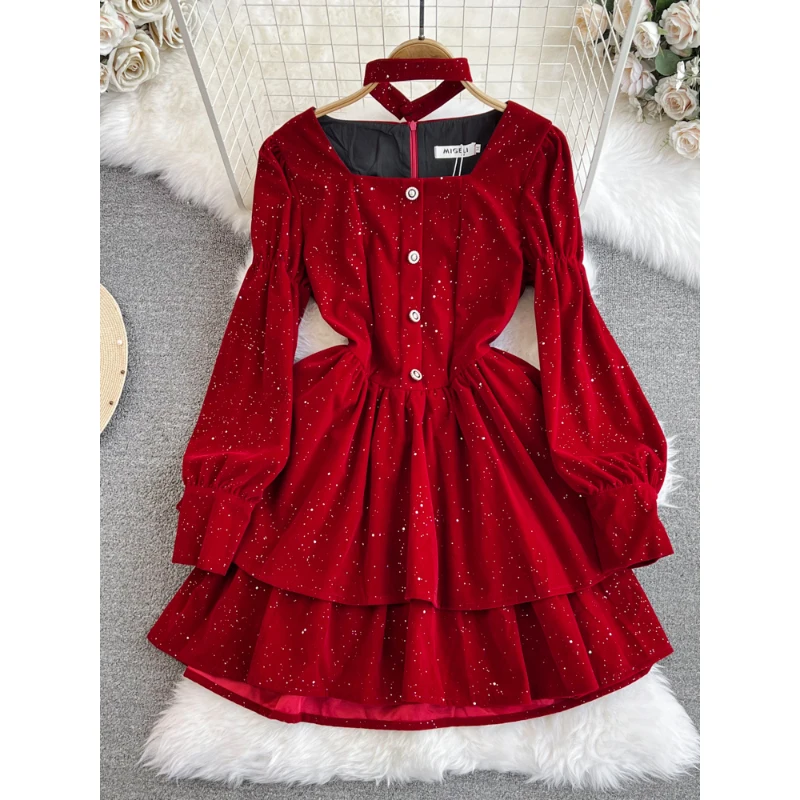 

French Style Mini Dress Autumn Women's Square Collar Long Sleeve Sequins Layered A-Line Elegant Dresses Christmas Party Wear