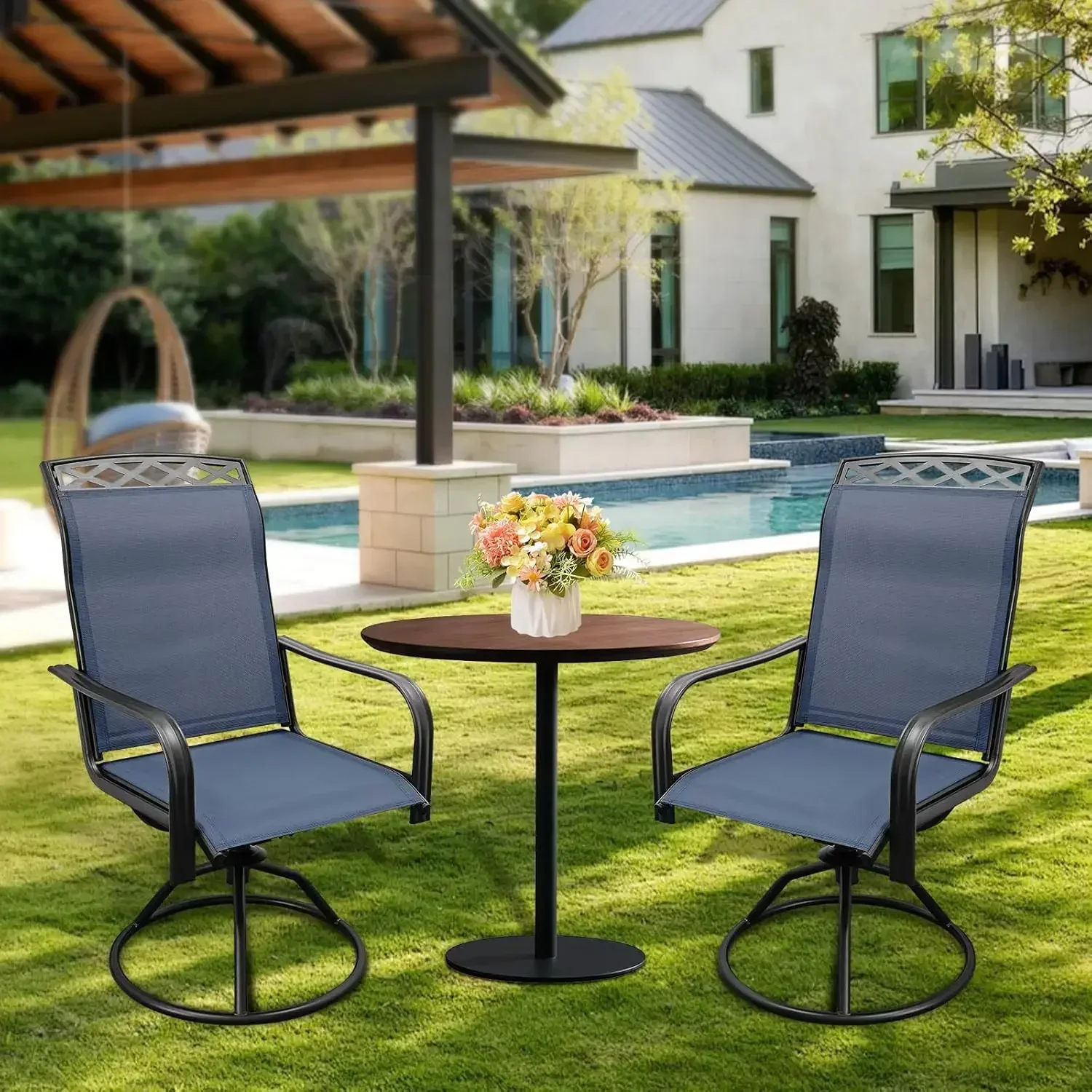 Patio Swivel Chairs, Waterproof Outdoor Dining Chairs with All-Weather Textilene Mesh for Deck, Garden, and Backyard (Patterned