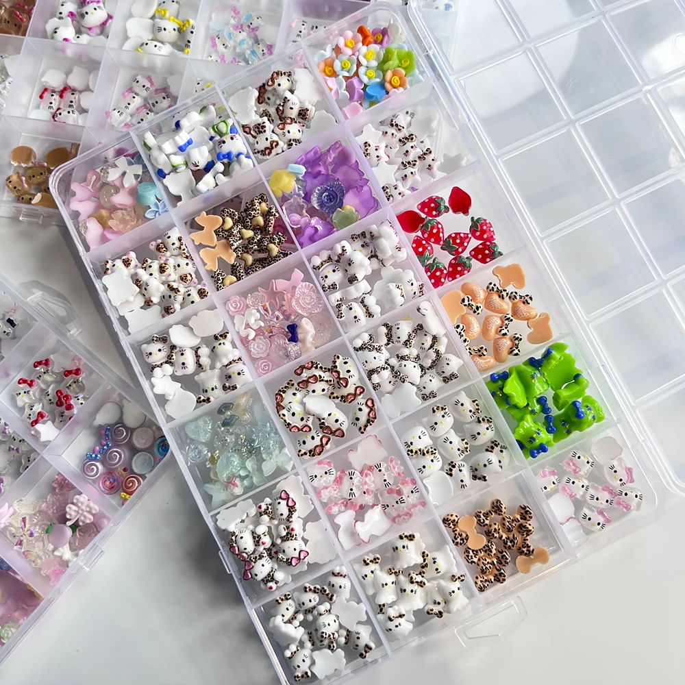 

3D Mixed Leopard Print Hello Kitty Nail Art Decorations Cute Butterfly Flower Bownot Nail Charms 24Grids Leopard KT Nail Parts