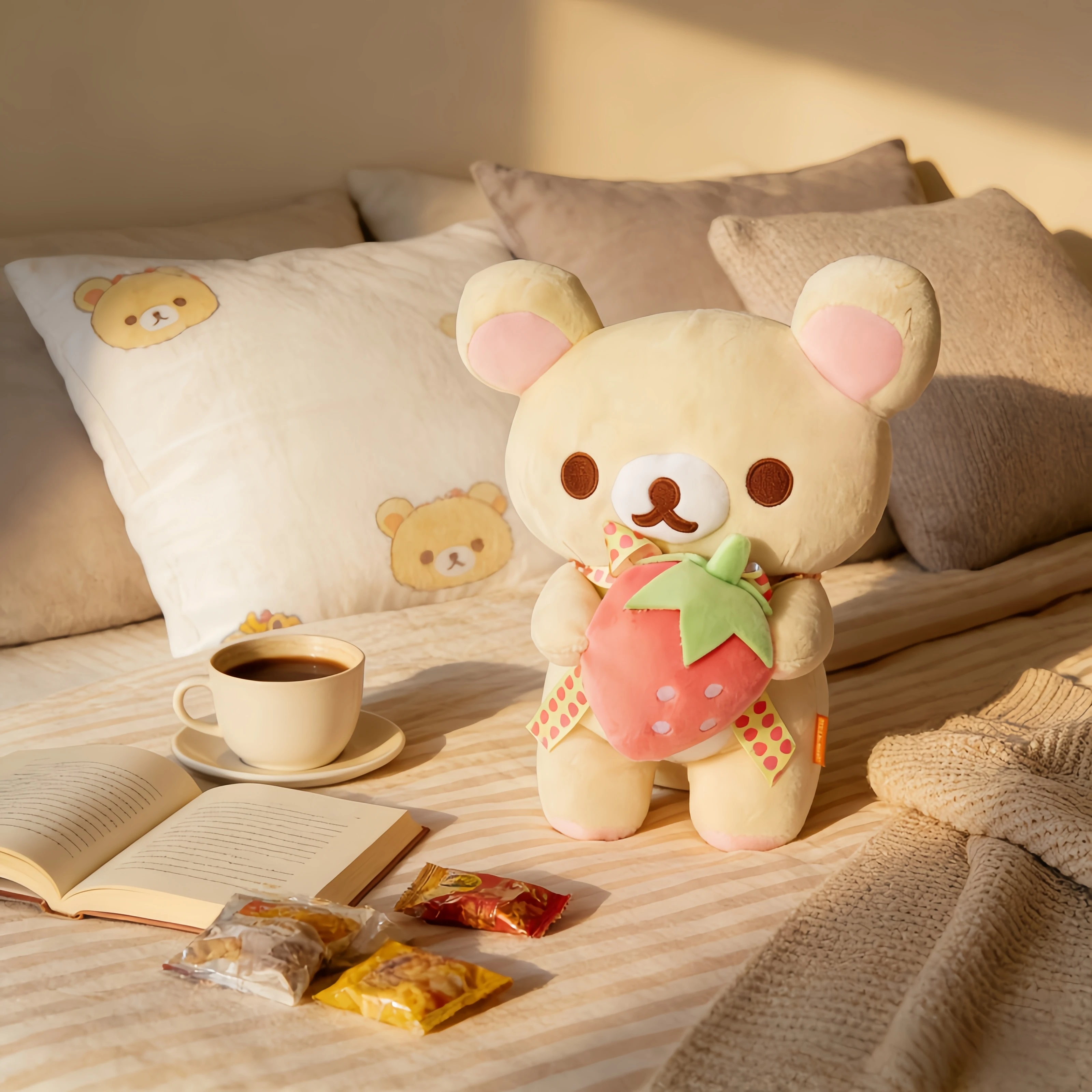 

Милая плюшевая игрушка Рилаккума, держащая клубнику, Корилаккума, белый и коричневый медведь, мягкая кукла, подарок для девочек, мягкая игрушка