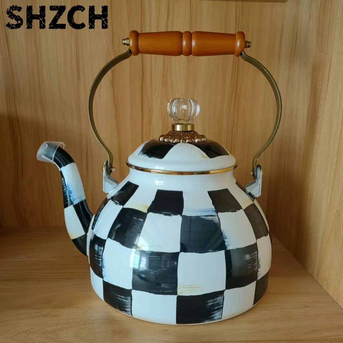 European Handmade Enamel Teapot Coffee Pot Kettle Hand Drawn American Oil Painting Style Black White Checkered Enamel Kettle